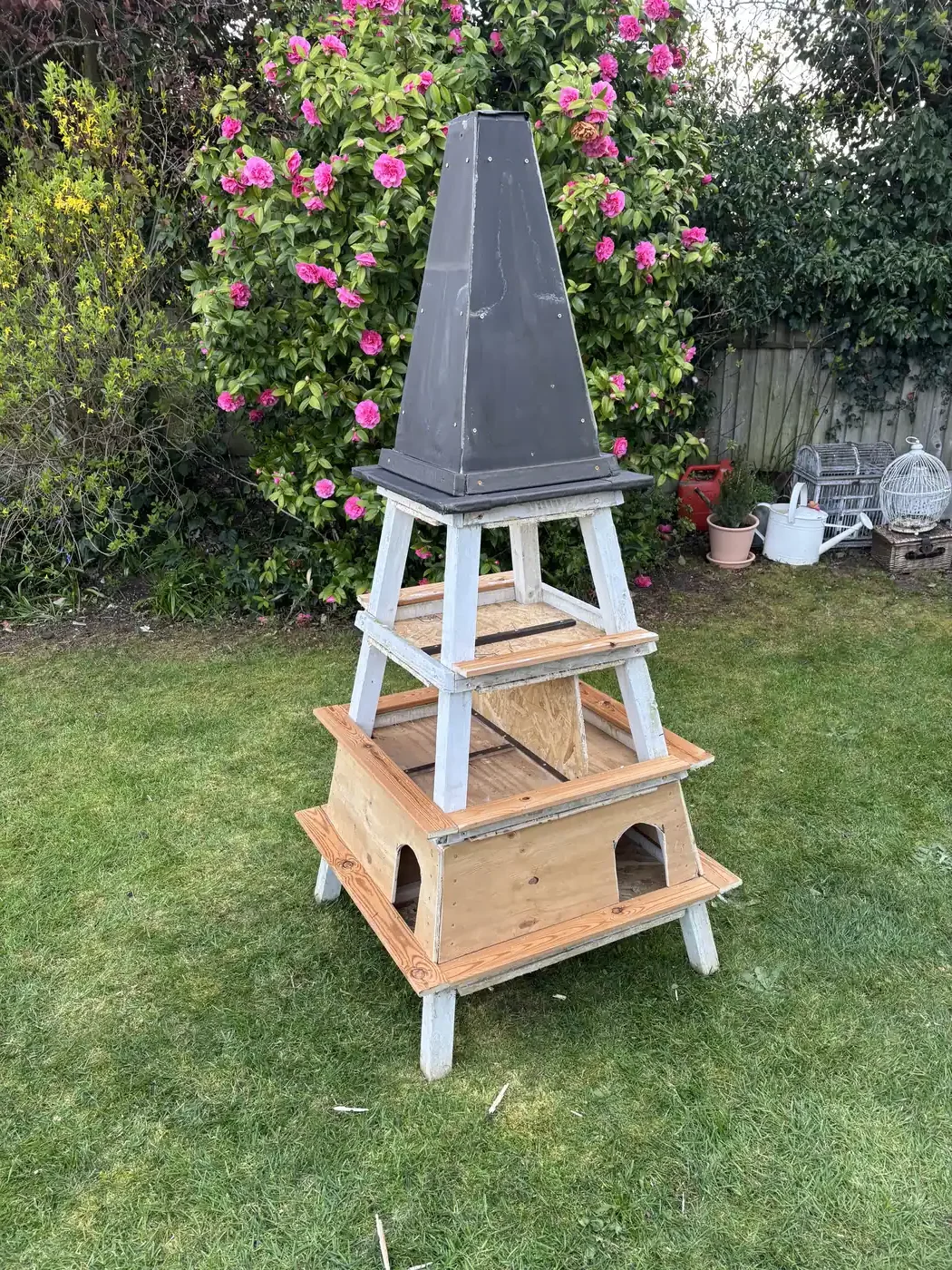 Nesting boxes fitted to the Romford dovecote with arched entry holes — white dove and racing pigeon breeding loft, Essex SE England. Birds ordered from Burns Loft Dagenham 2026.